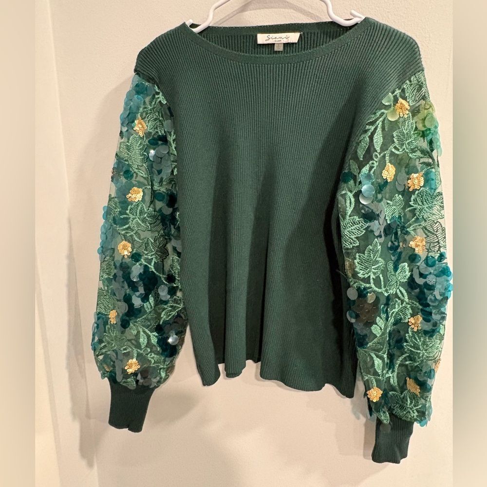 Sioni Green Embellished Sleeve Sweater